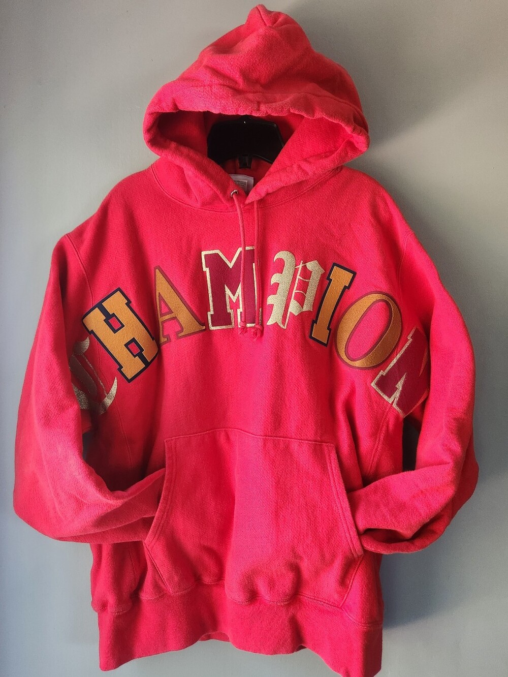 Champion Reverse Weave All Over Varsity Lettering Red Hoodie